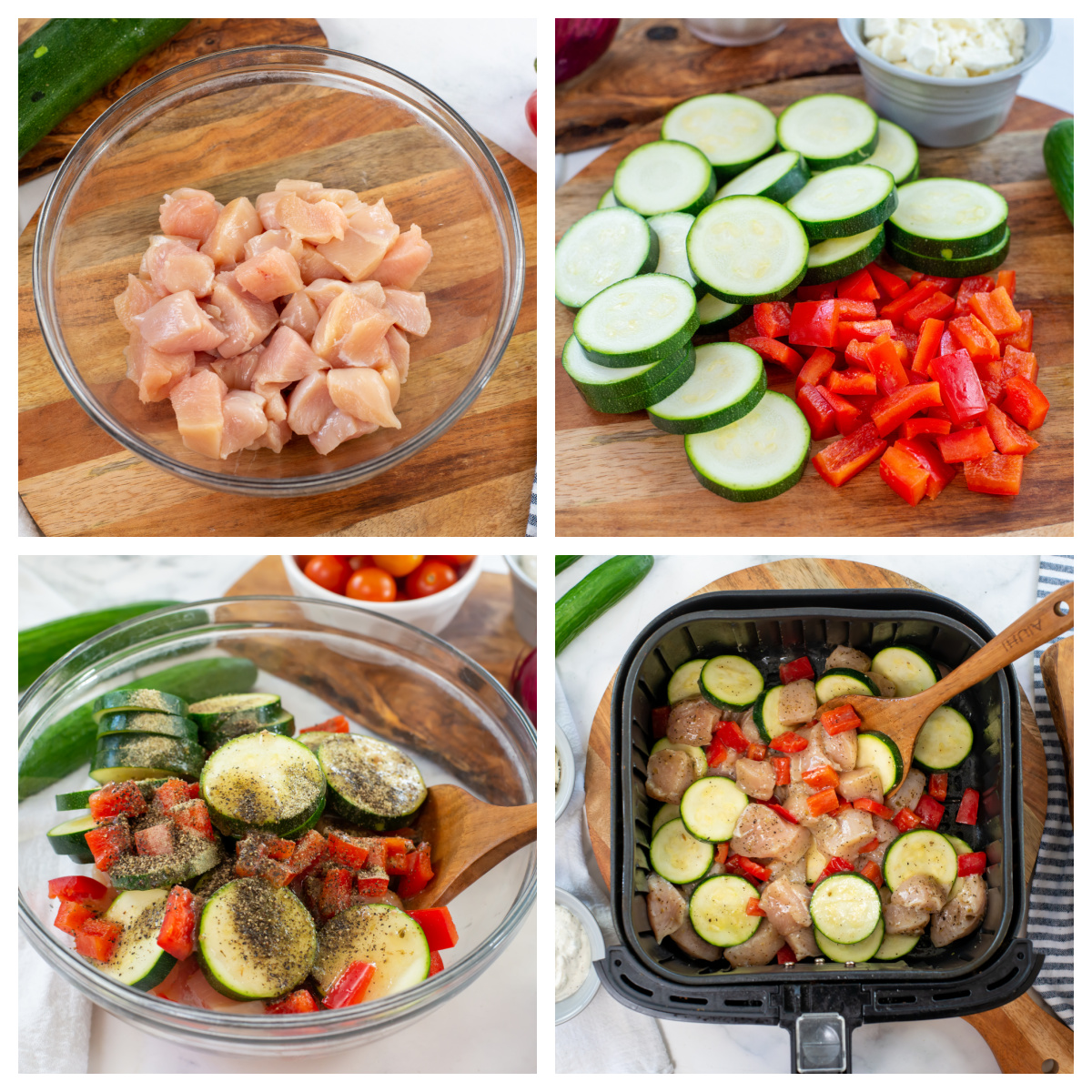 Collage of the steps for preparing Greek chicken for the airfryer.