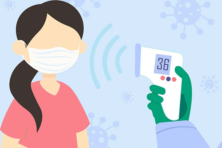 Illustration of wearing a mask and using a thermometer;  covid-19 test for Cancún is not required