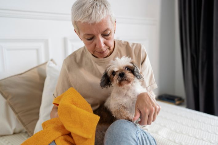 Elderly dog ​​on his owner's lap 