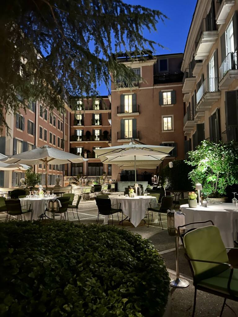 Dinner at Le Jardin de Russie, a sophisticated restaurant at the Hotel de Russie, in Rome