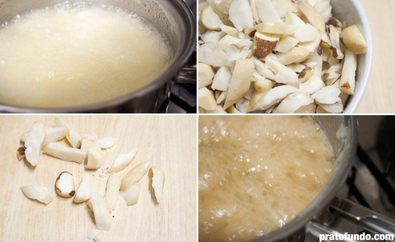 Montage de quatre photos avec les étapes de la recette Pará Nut Pé de Moleque