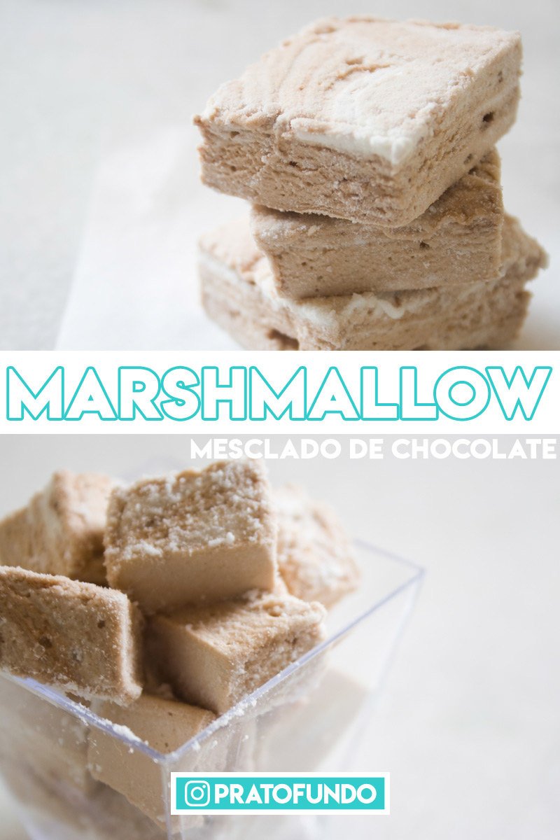 Marshmallow mixed with chocolate in two photos with text over