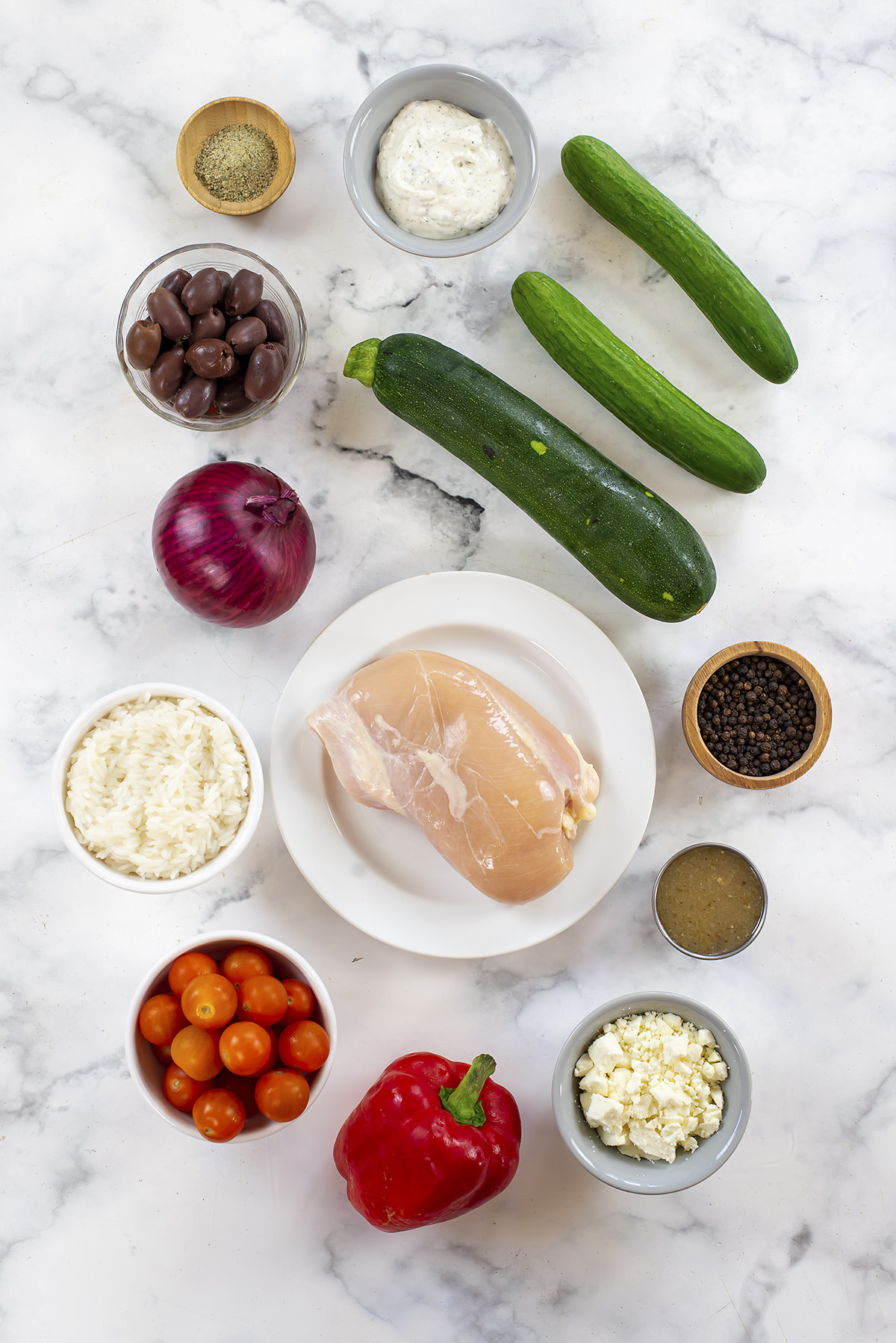 Ingredients for Greek Chicken Rice Bowls.