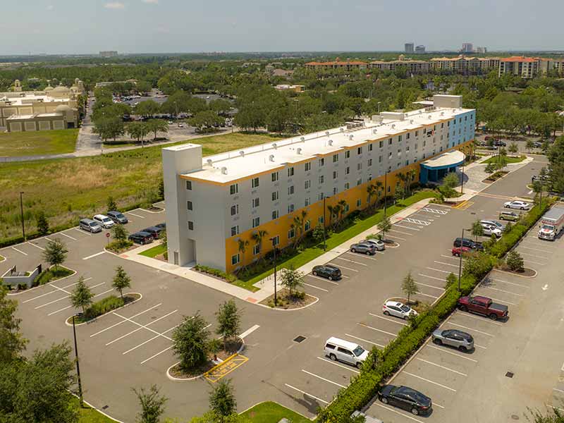 Aerial view of Spot X, in Orlando, on a blue sky day