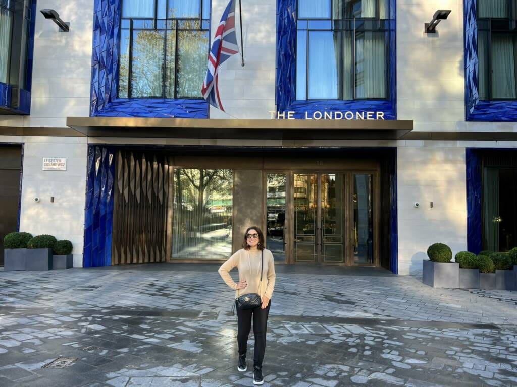 Renata Araújo on the facade of The Londoner, a boutique hotel in the West End