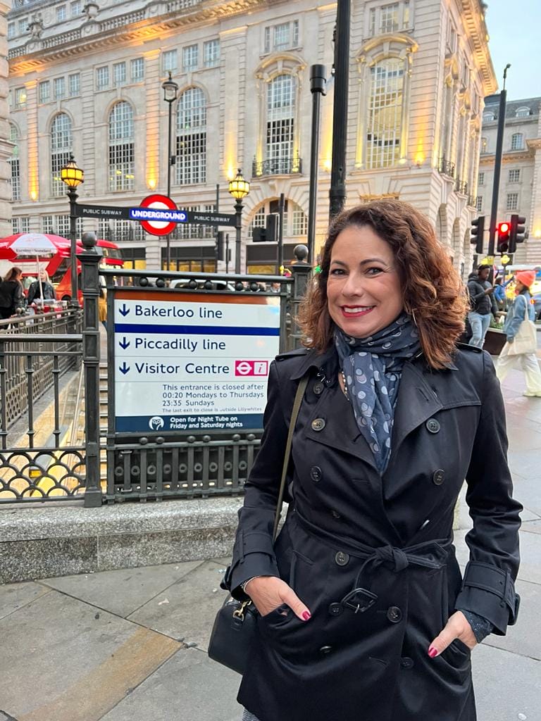 Renata Araújo at Picadilly Circus, next to Londoner, boutique hotel in the West End