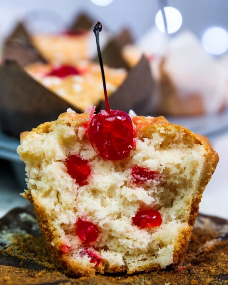 Open-faced Pineapple Coconut Muffin with cherries