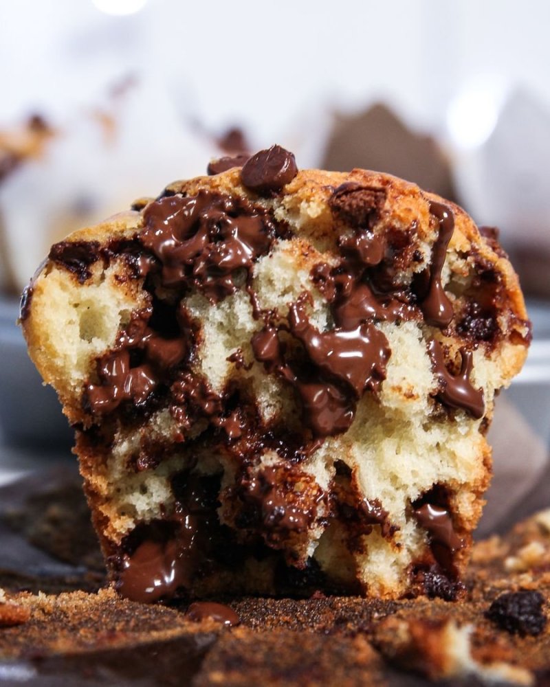 Open Chocolate Chip Muffin with melted chocolate