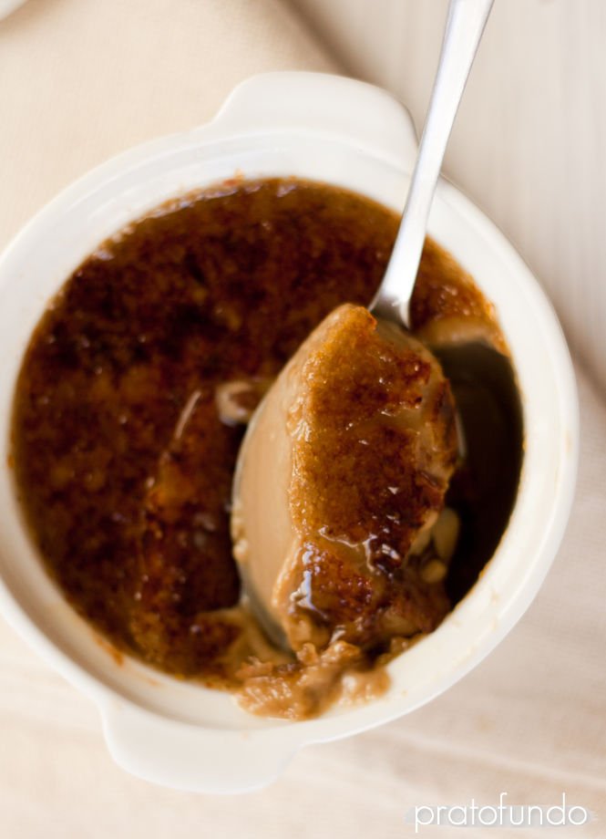 Coffee Crème Brûlée in detail showing the cream and broken caramel shell seen from above