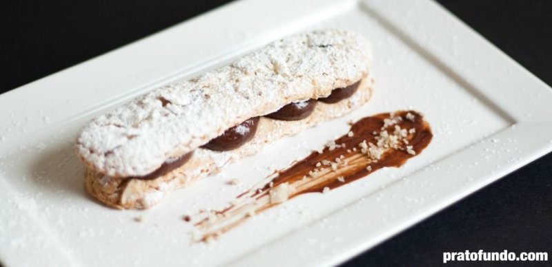 Chestnut and Chocolate Dacquoise on a white plate