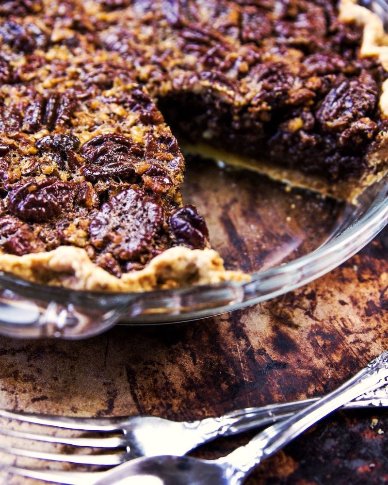 Pecan Pie: Pecan pie slice on a baking sheet