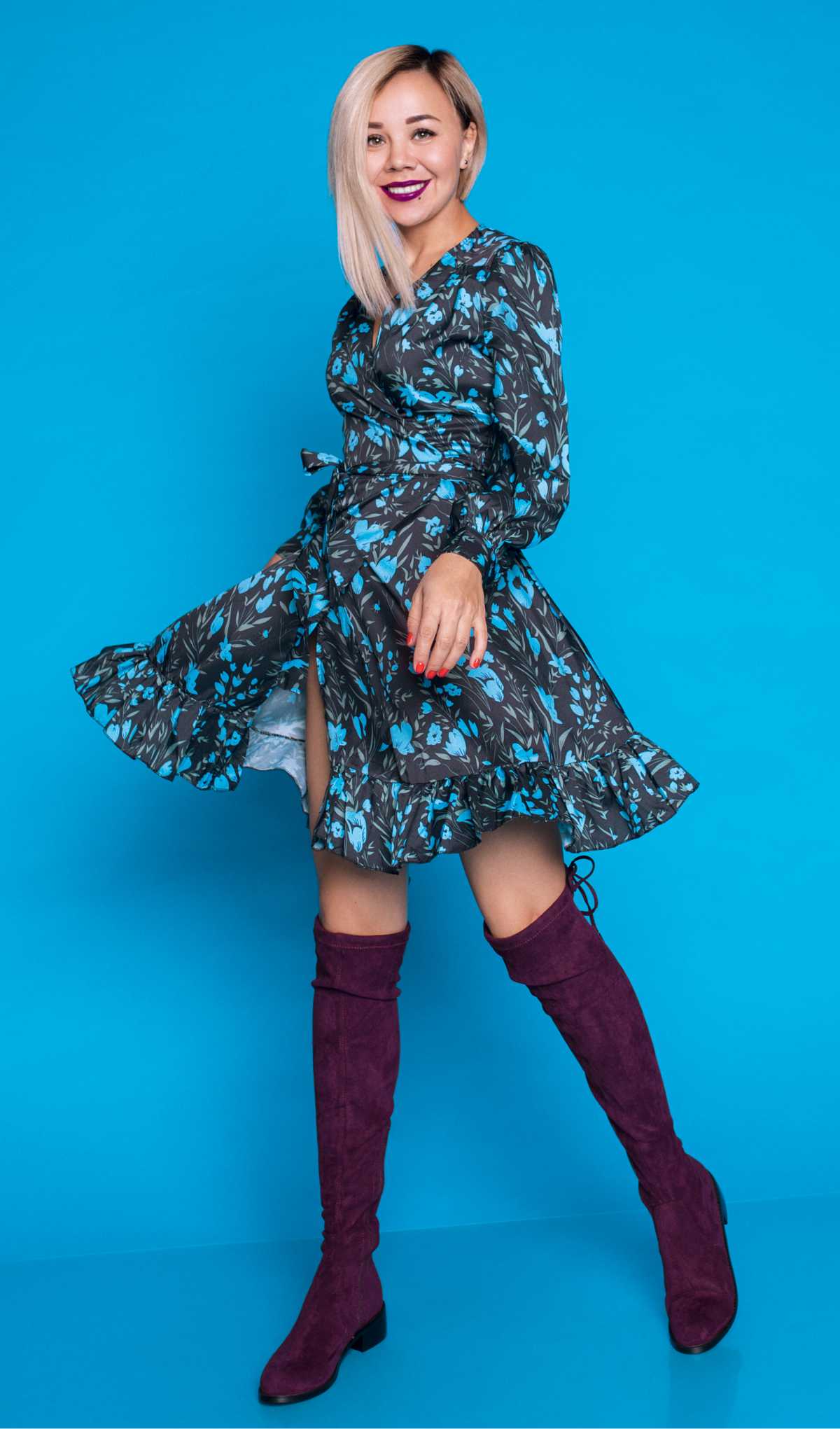 blue floral dress with ankle boots