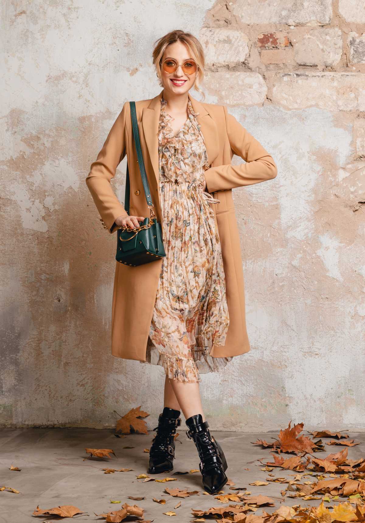 neutral floral dress with overcoat