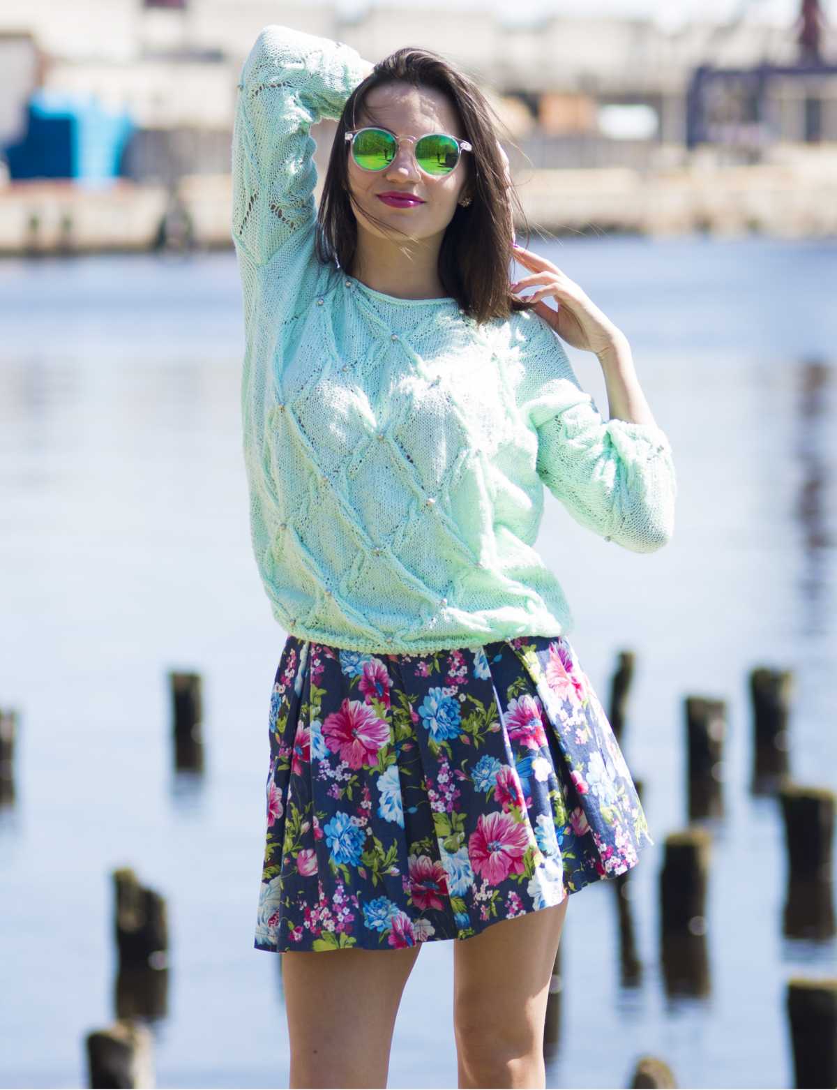 floral skirt with sweater