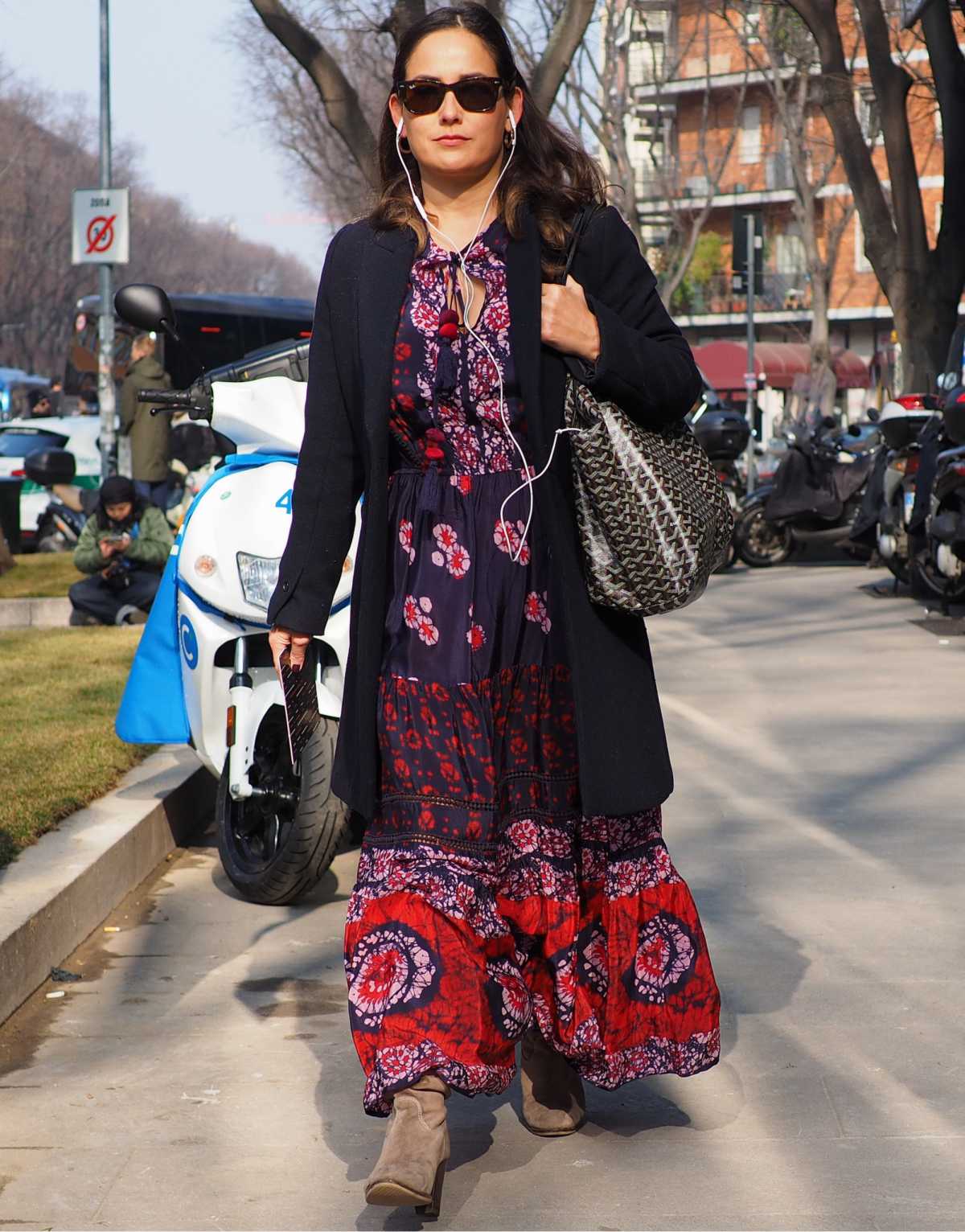 long printed dress with boots