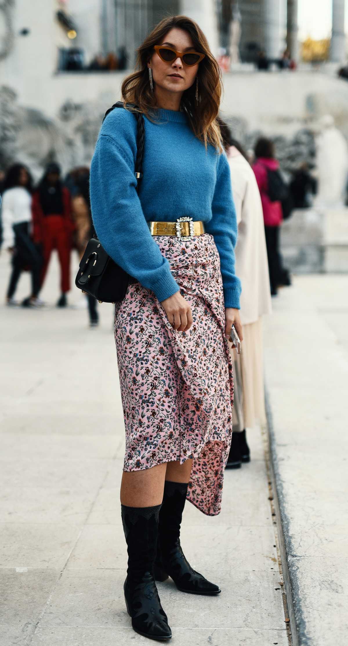 floral dress with blue sweater