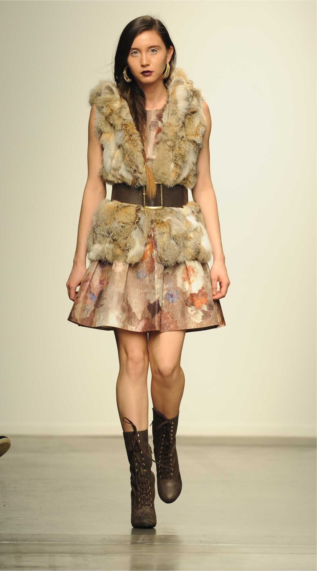 light floral dress with fur vest