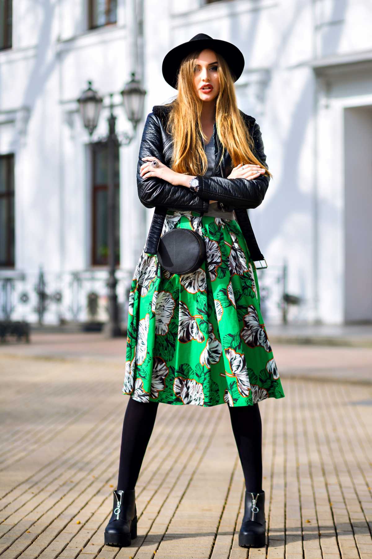 floral midi dress with leather jacket