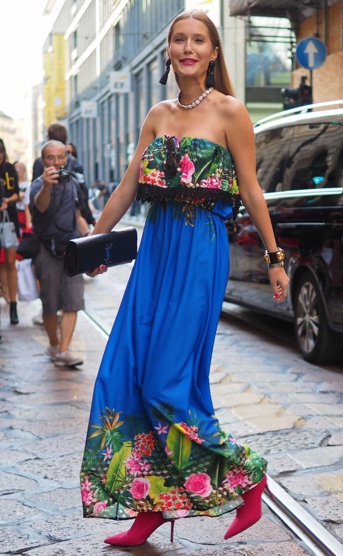 blue dress with flowers at the hem