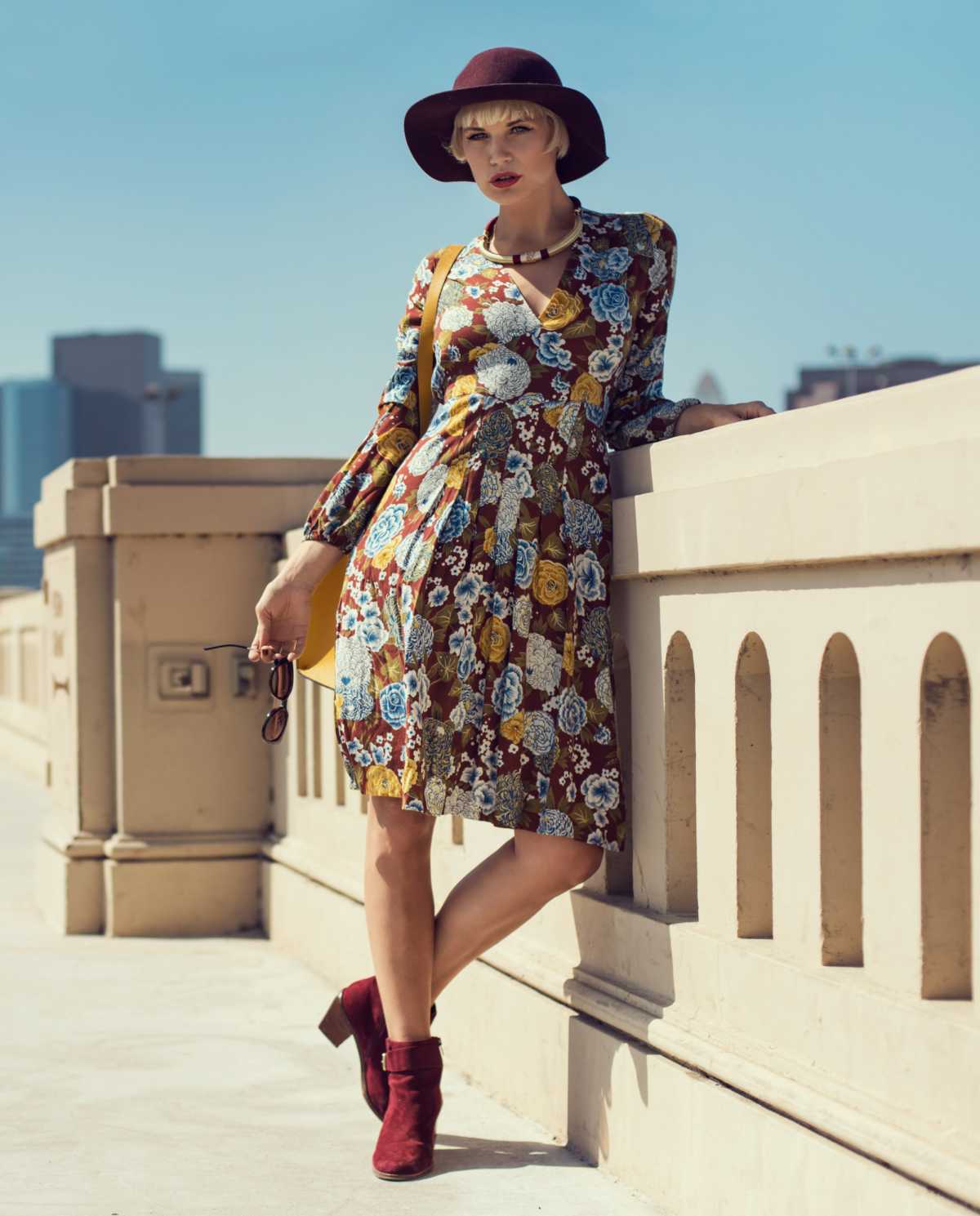 boho look with floral dress and boots