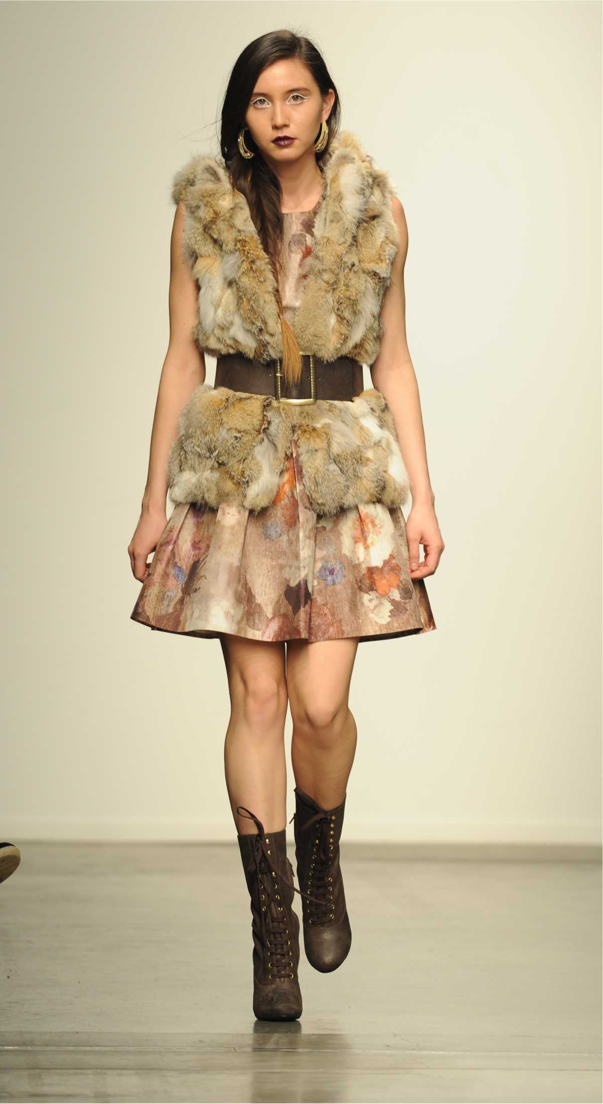 delicate floral dress with fur vest as an overlay