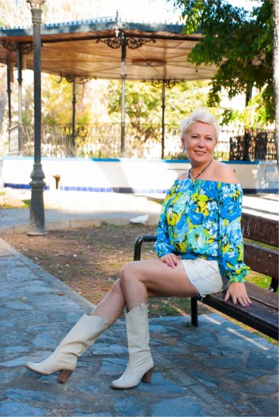 White country boots with printed blouse