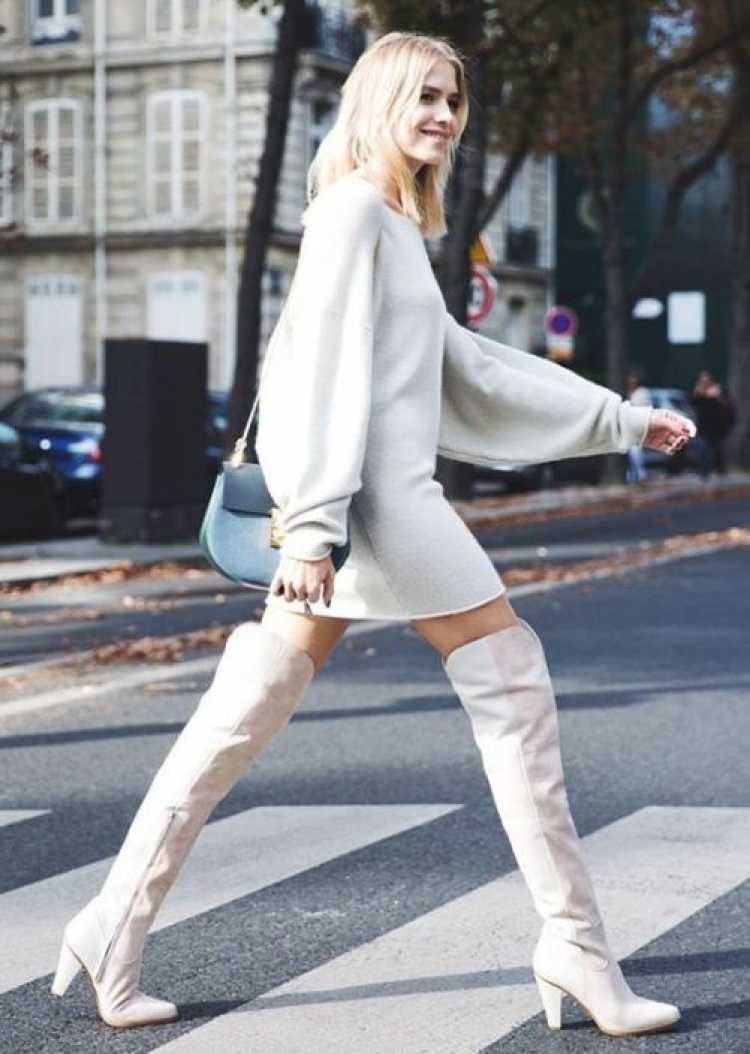 Monochromatic look with high white boots