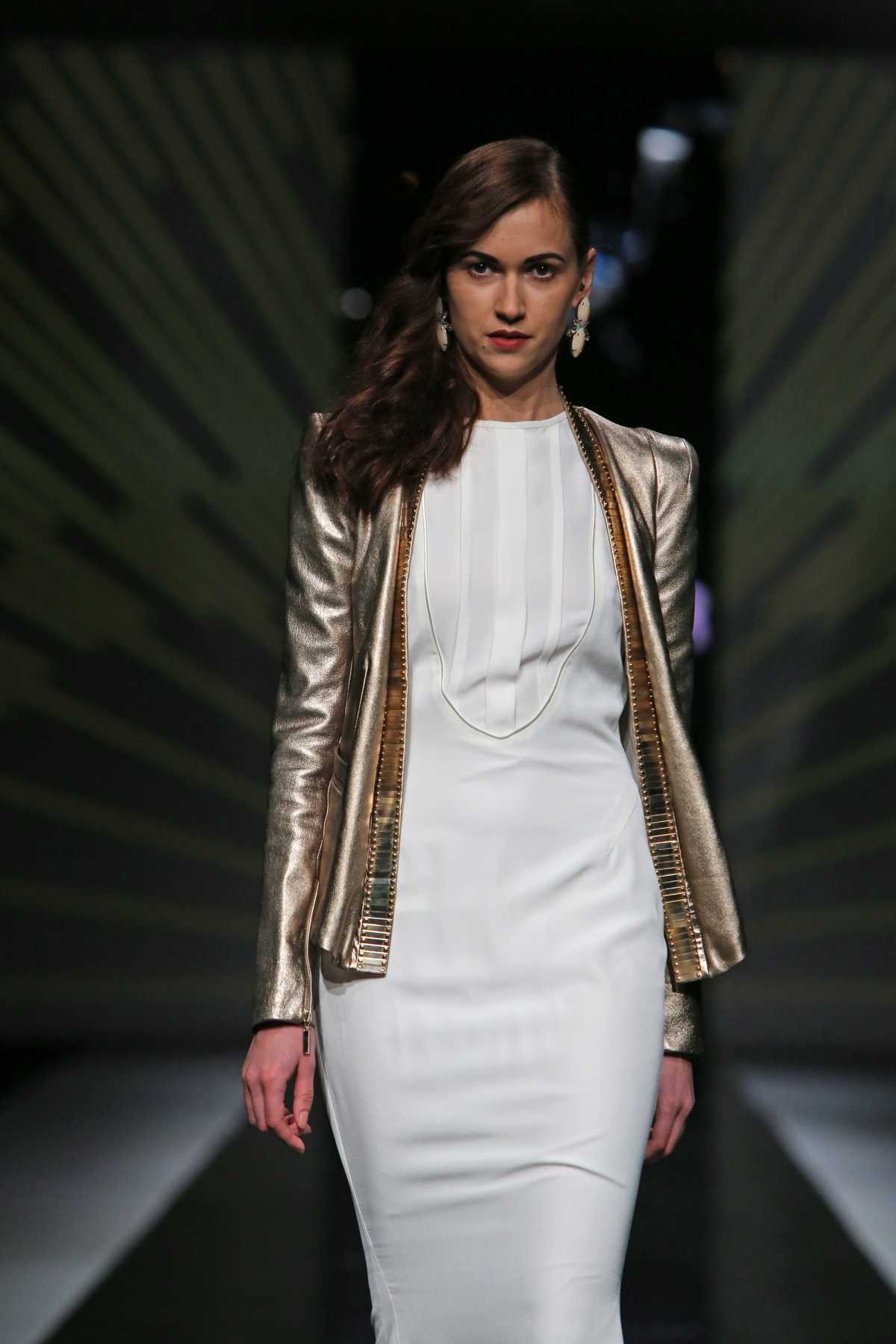 look with white dress and gold coat