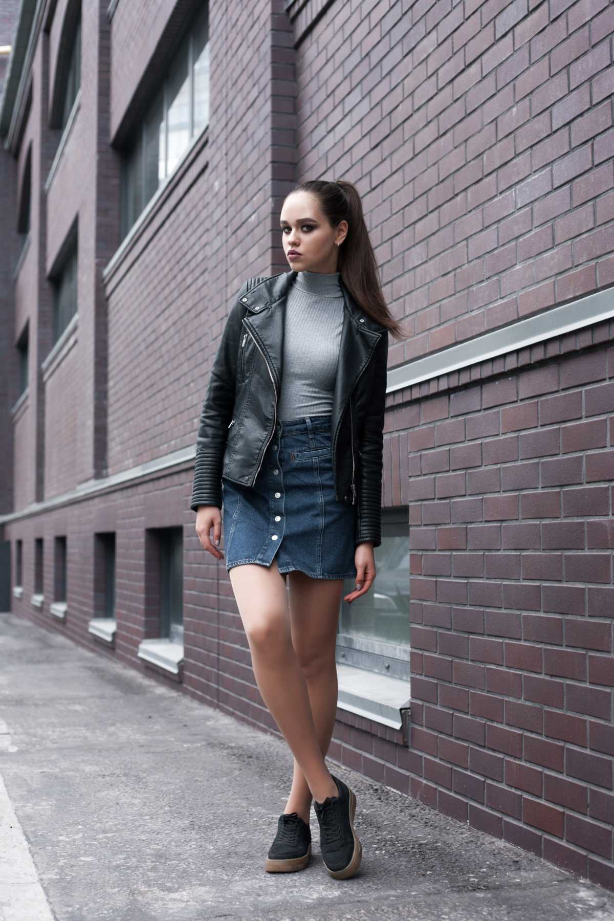 winter look with denim skirt