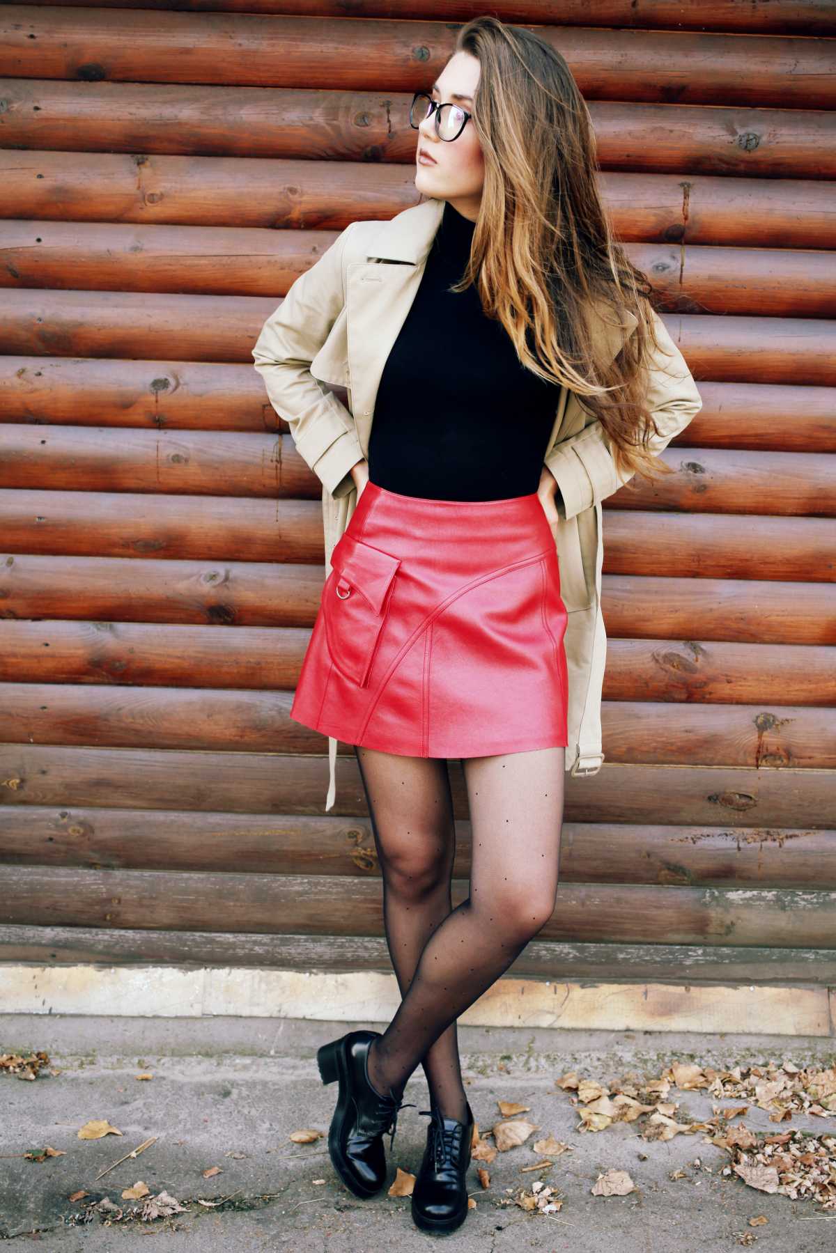 winter look with red skirt