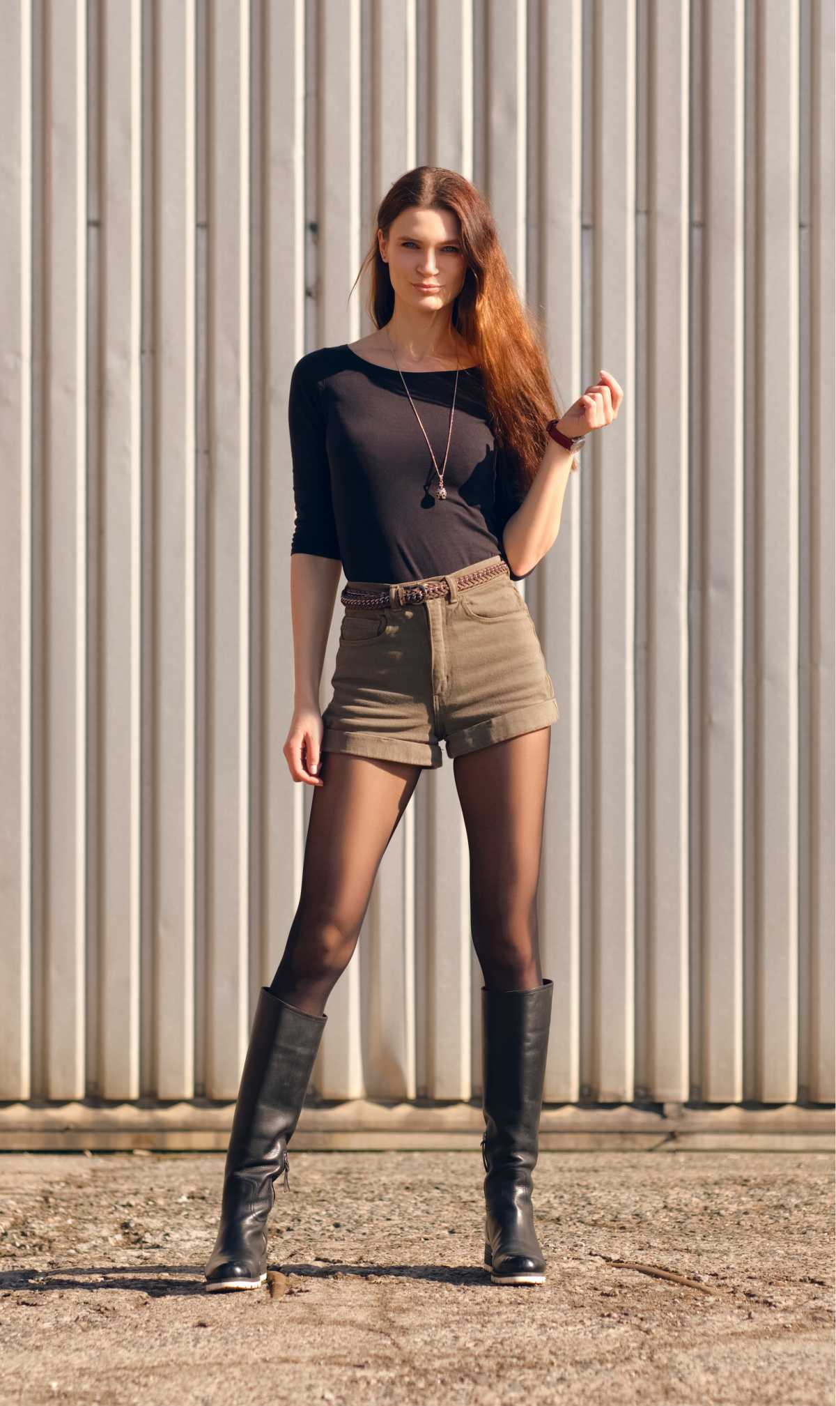 look with shorts, boots and tights