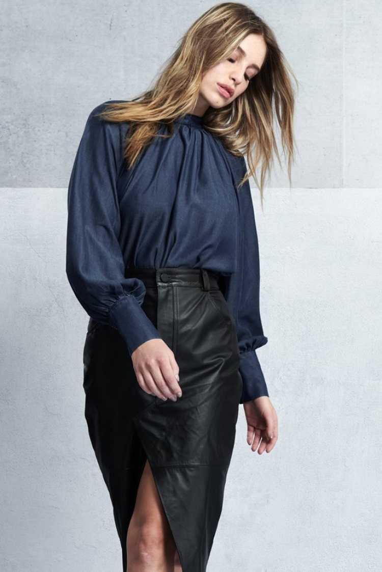 navy blue blouse with puff sleeves