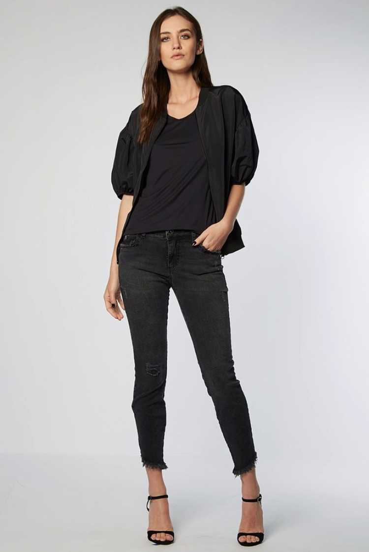 black blouse with puff sleeves