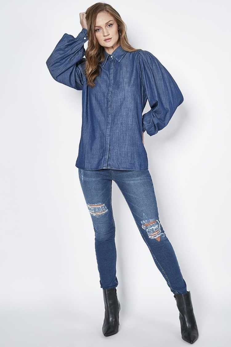 denim blouse with puff sleeves