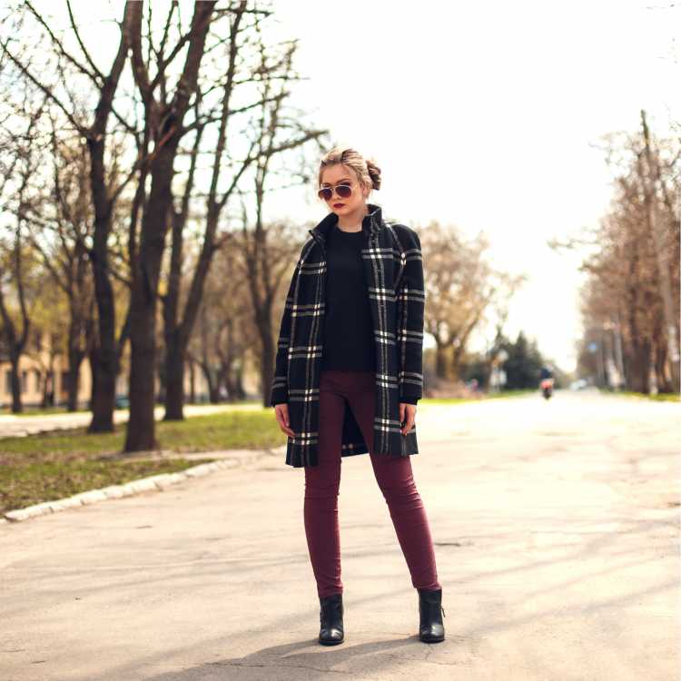 black plaid coat