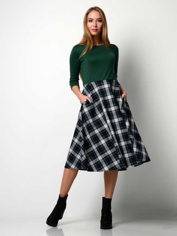 plaid midi skirt look