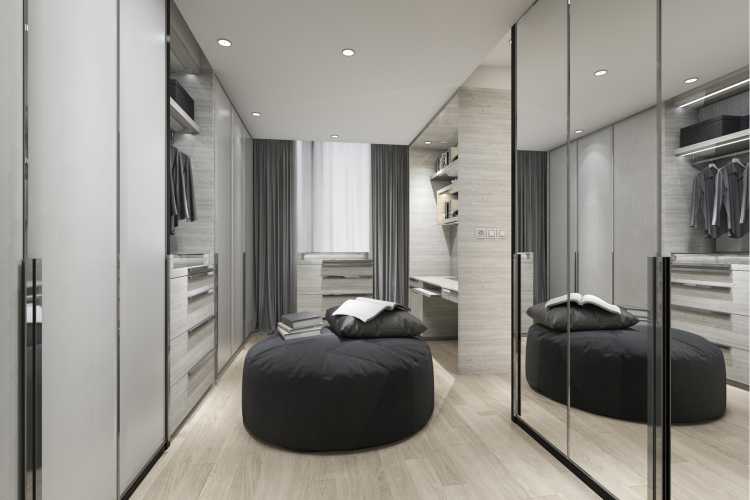 black and white closet with mirrors