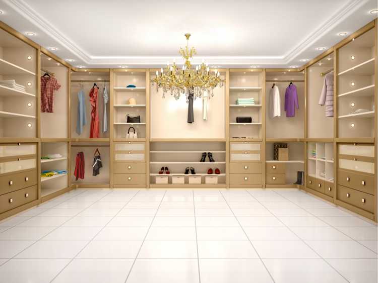 ivory wood closet with glamorous chandelier