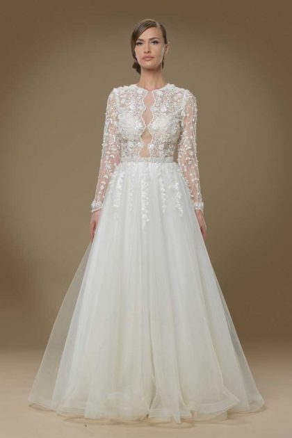 perfect tulle wedding dress with long embroidered sleeves