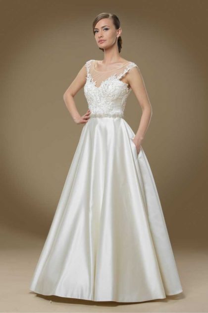 wonderful wedding dress with silk skirt and cropped illusion