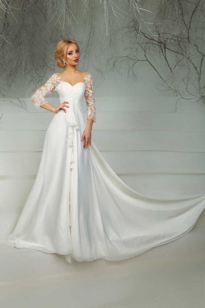 dress with embroidered sleeves and sweetheart neckline