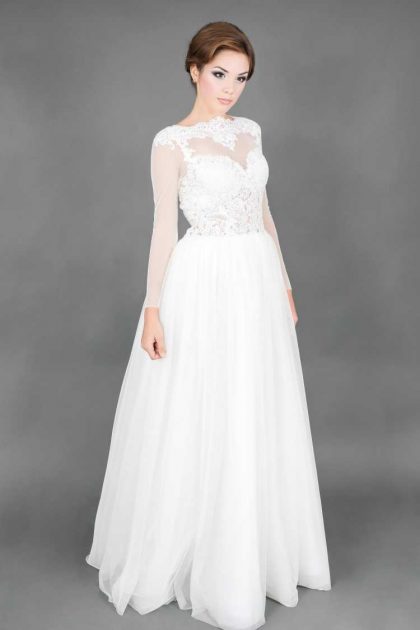 dress with sleeves and illusion neckline