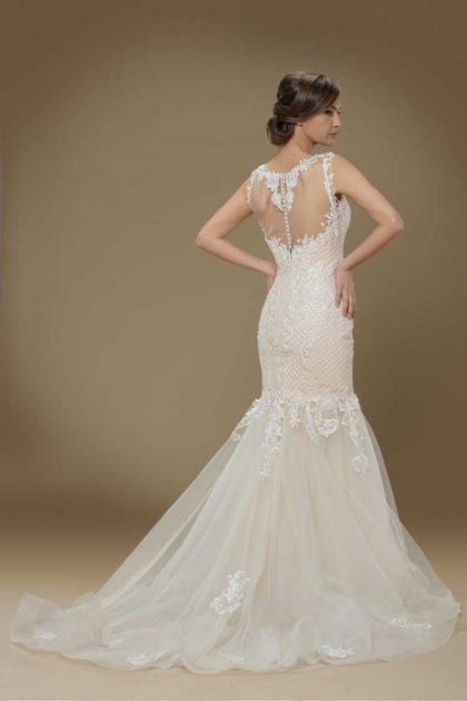 mermaid style wedding dress with embroidery on the back