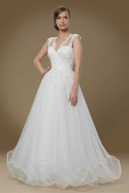 perfect wedding dress with full skirt and lace straps