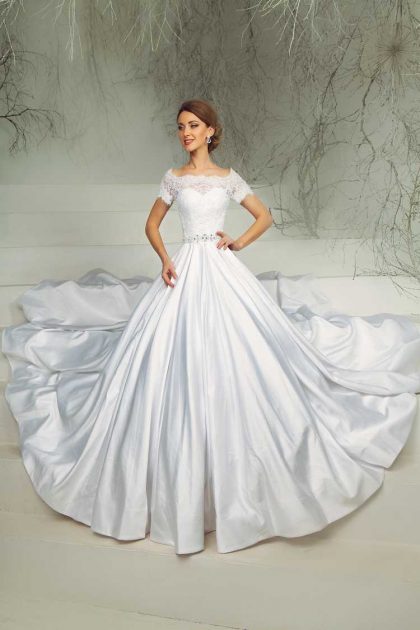 wedding dress with short sleeves and full skirt