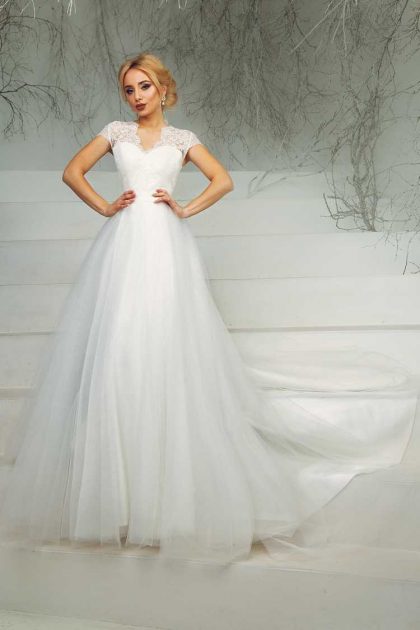 flared wedding dress with short sleeves