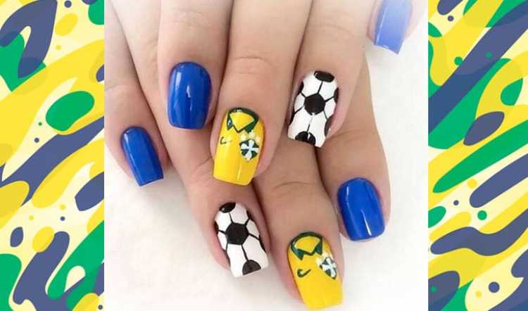 Nails decorated in the atmosphere of supporting Brazil in the World Cup