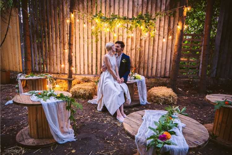 Wooden tables in wedding decoration