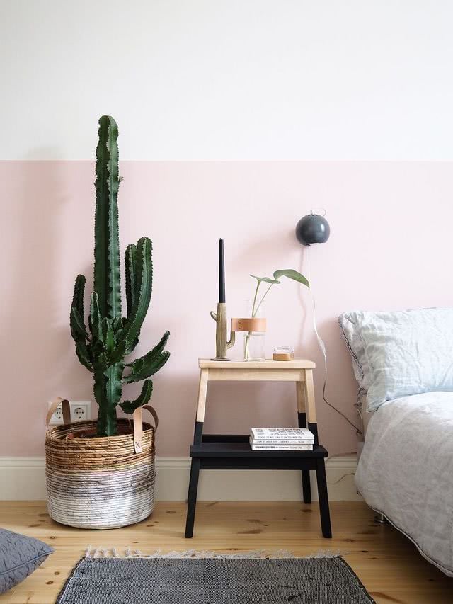 Large cactus in a straw pot in the bedroom, next to wooden furniture with black carving, round lamp on the wall, bed with white sheets and gray rug