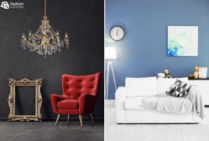 Montagem com duas fotos de sala de diferentes estilos de decoração: uma clássica com poltrona vermelha robusta, lustre e moldura ornamental. A outra é de uma sala moderna, com parede azul, abajur alto e sofá branco